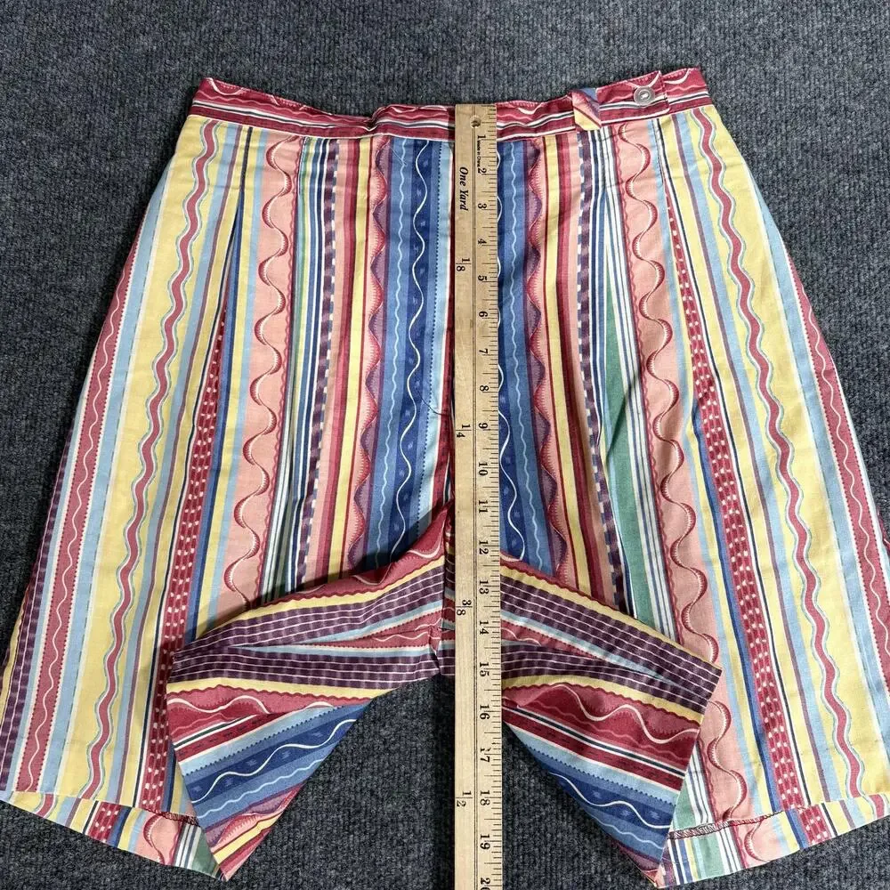 Marcia Shorts Womens 12 Blue Red Stripe Pleated Bermuda Cotton Elastic Waist